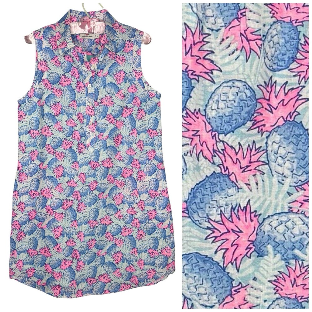 Vineyard Vines Pink Blue Pineapple Linen Dress 10 Resort Wear Golf Beach Pockets